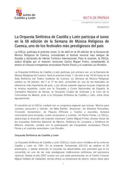 La Orquesta Sinfónica de Castilla y León participa el lunes en la 59 edición de la Semana de Música Religiosa de Cuenca
