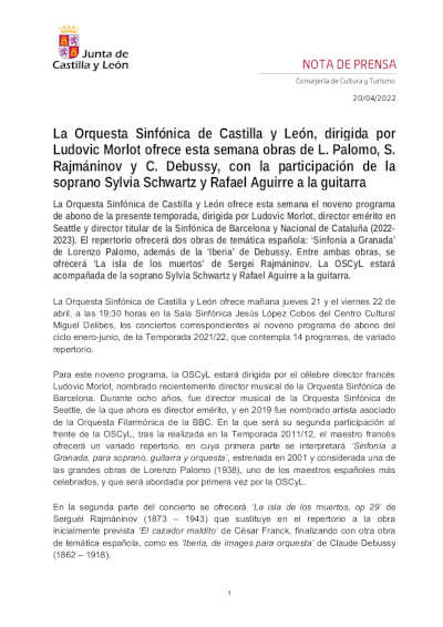 La OSCyL dirigida por Ludovic Morlot ofrece obras de L. Palomo, S. Rajmáninov y C. Debussy