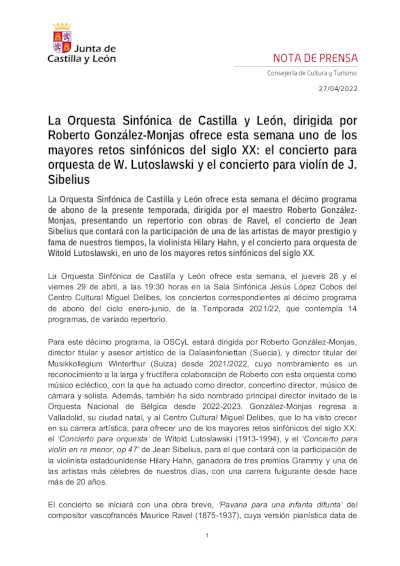 La OSCyL, ofrece el concierto para orquesta de W. Lutoslawski y el concierto para violín de J. Sibelius La OSCyL, ofrece el concierto para orquesta de W. Lutoslawski y el concierto para violín de J. Sibelius