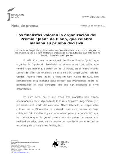 Los finalistas valoran la organización del Premio “Jaén” de Piano, que celebra el 30 de abril su prueba decisiva