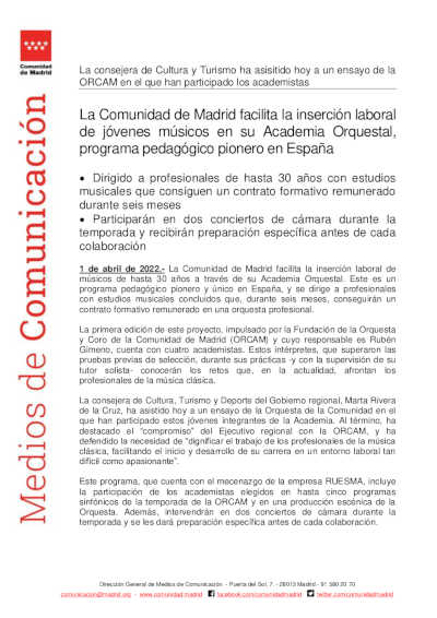 La Comunidad de Madrid facilita la inserción laboral de jóvenes músicos en su Academia Orquestal