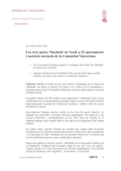 Les Arts lleva ‘Macbeth’ de Verdi a 35 ayuntamientos y sociedades musicales de la Comunitat Valenciana