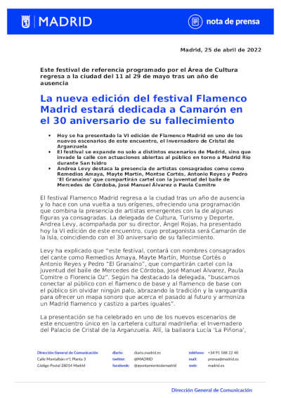 La nueva edición del festival Flamenco Madrid estará dedicada a Camarón en el 30 aniversario de su fallecimiento