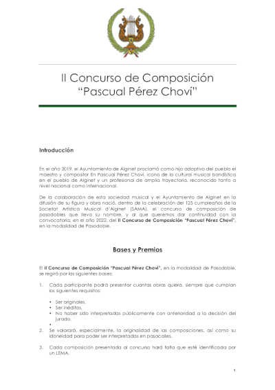 La SAM d’Alginet convoca la segunda edición del Concurso de Composición Pascual Pérez Choví de pasodobles