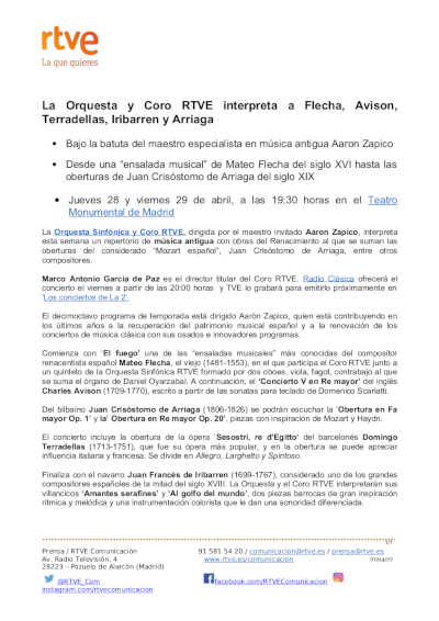 Aaron Zapico dirige la Orquesta Sinfónica y Coro RTVE con obras de Flecha, Avison, Terradellas, Iribarren y Arriaga