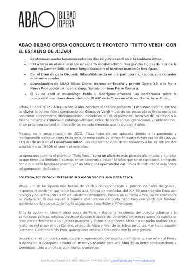 ABAO Bilbao Opera estrena finalmente la ópera Alzira de Verdi