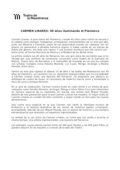 «Carmen Linares: 40 años de Flamenco» en el Teatro de la Maestranza
