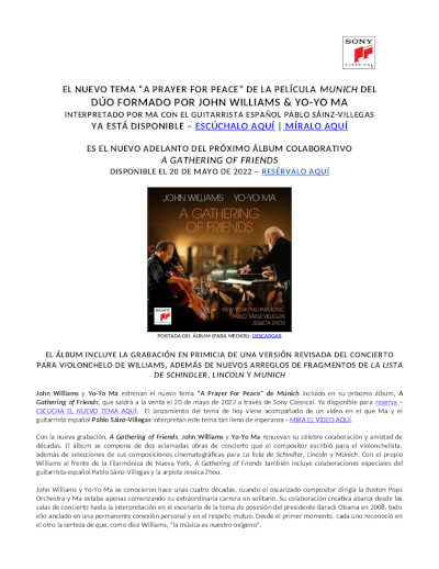 John Williams & Yo-Yo Ma: Nuevo Single «A Prayer For Peace» de Munich, con el guitarrista Pablo Sáinz-Villegas
