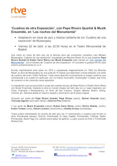 ‘Cuadros de otra Exposición’, con Pepe Rivero Quartet & Muzík Ensemble, en ‘Las noches del Monumental’