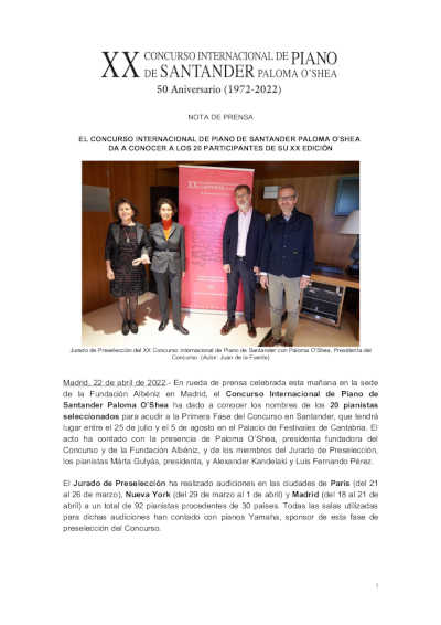 El Concurso Internacional de Piano de Santander Paloma O’Shea presenta los 20 participantes de su XX edición El Concurso Internacional de Piano de Santander Paloma O’Shea presenta los 20 participantes de su XX edición