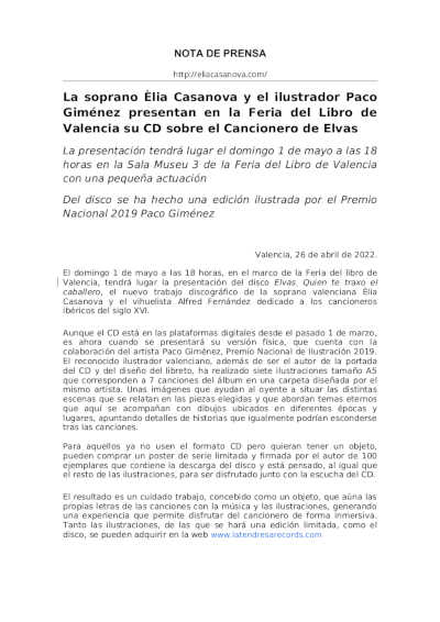 La soprano Èlia Casanova y el ilustrador Paco Giménez presentan su CD sobre el Cancionero de Elvas