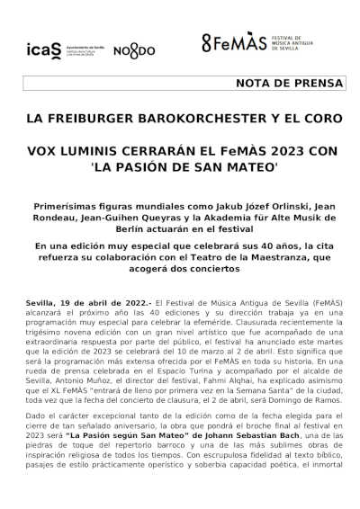 La Freiburger Barockorchester y el coro Vox Luminis cerrarán el FeMÀS 2023