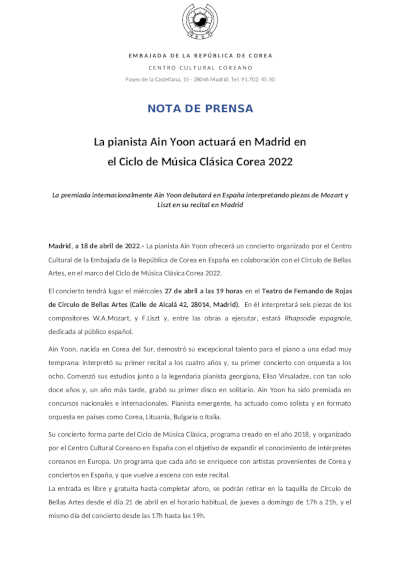 Concierto de la pianista Ain Yoon en el Círculo de Bellas Artes dentro del Ciclo de Música Clásica Corea 2022