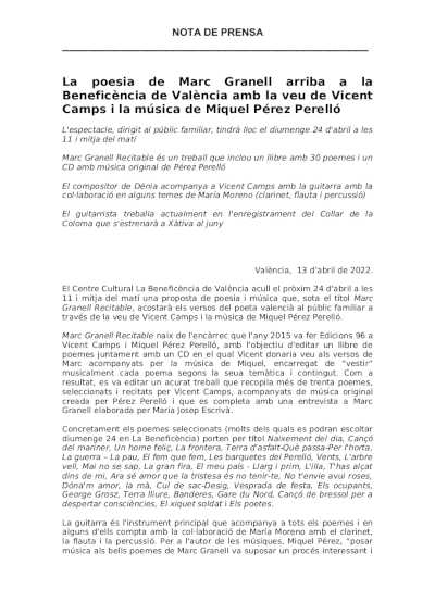 La poesía de Marc Granell llega con la voz de Vicent Camps y la música de Miquel Pérez Perelló