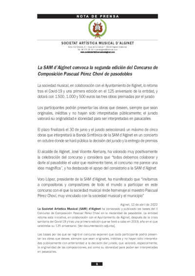 La SAM d’Alginet convoca la segunda edición del Concurso de Composición Pascual Pérez Choví de pasodobles