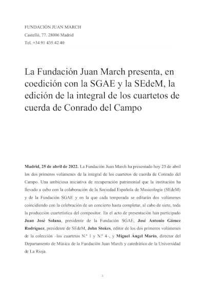 La Fundación Juan March presenta la edición de la integral de los cuartetos de cuerda de Conrado del Campo