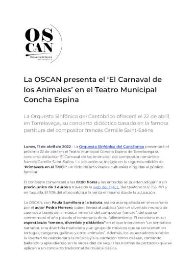 La OSCAN presenta el ‘El Carnaval de los Animales’ en el Teatro Municipal Concha Espina