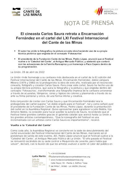 El cineasta Carlos Saura retrata a Encarnación Fernández en el cartel del LXI Festival Internacional del Cante de las Minas El cineasta Carlos Saura retrata a Encarnación Fernández en el cartel del LXI Festival Internacional del Cante de las Minas