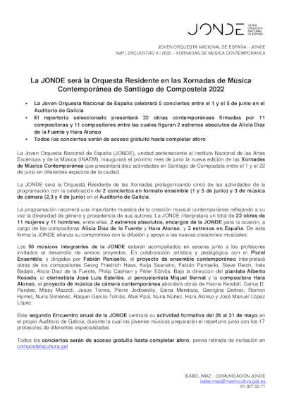 La JONDE será la Orquesta Residente en las Xornadas de Música Contemporánea de Santiago de Compostela 2022