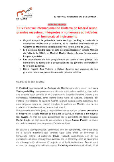 Comienza el IV Festival Internacional de Guitarra de Madrid con grandes maestros, intérpretes y actividades