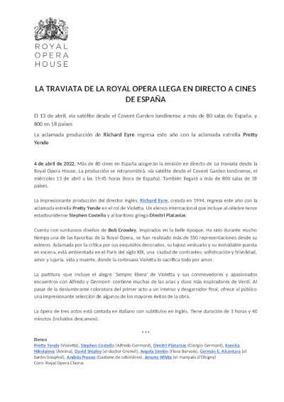 Impresionante producción de La Traviata de la Royal Opera House llega en directo a cines de España