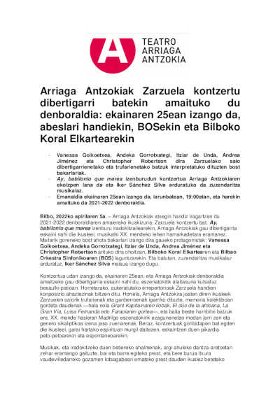 El Teatro Arriaga cerrará la temporada ofreciendo un divertido concierto de Zarzuela