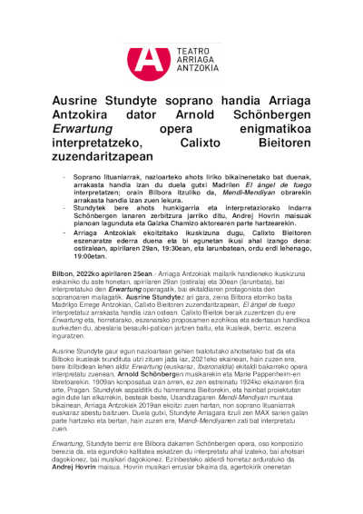 La soprano Ausrine Stundyte llega al Teatro Arriaga para interpretar Erwartung, la enigmática ópera de Arnold Schönberg