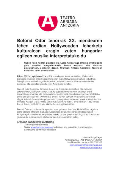 El tenor Botond Ódor interpreta autores húngaros que influyeron en la explosión cultural de Hollywood