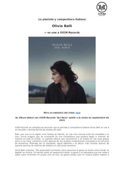 La pianista y compositora italiana Olivia Belli se une al sello XXIM Records