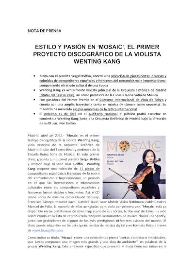 Estilo y pasión en «MOSAIC», el primer proyecto discográfico de la violista Wenting Kang