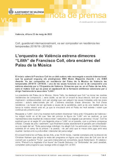 La orquesta de València estrena este miércoles “Lilith” de Francisco Coll, obra encargo del Palau de la Música
