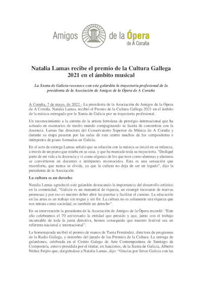 Natalia Lamas recibe el premio de la Cultura Gallega 2021 en el ámbito musical