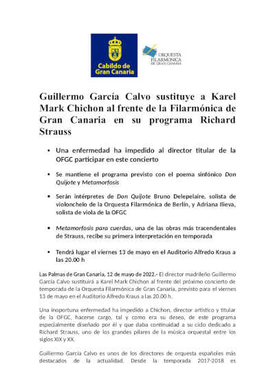 Guillermo García Calvo sustituye a Karel Mark Chichon al frente de la OFGC en su programa Richard Strauss
