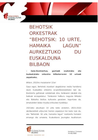 La Orquesta Behotsik presenta «Behotsik: 10 urte» – «Behotsik: 10 años»