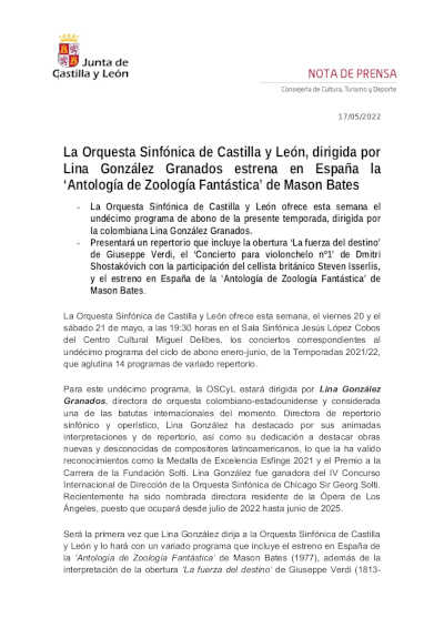 La Orquesta Sinfónica de Castilla y León estrena en España la ‘Antología de Zoología Fantástica’ de Mason Bates