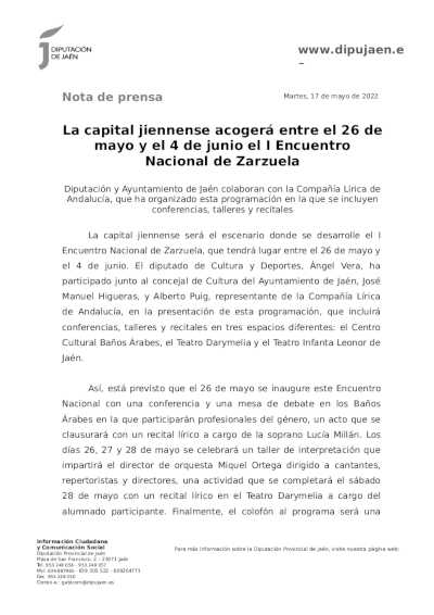 La capital jiennense acogerá entre el 26 de mayo y el 4 de junio el I Encuentro Nacional de Zarzuela