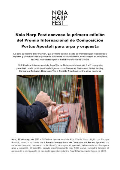 Noia Harp Fest convoca la primera edición del Premio Internacional de Composición Portus Apostoli