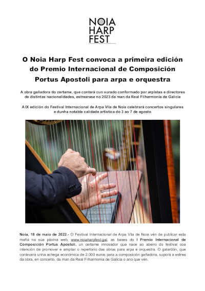 Noia Harp Fest convoca la primera edición del Premio Internacional de Composición Portus Apostoli