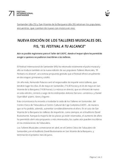 Nueva edición de los Talleres Musicales del FIS, «El festival a tu alcance»