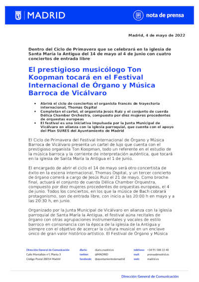 El prestigioso musicólogo Ton Koopman tocará en el Festival Internacional de Órgano y Música Barroca de Vicálvaro