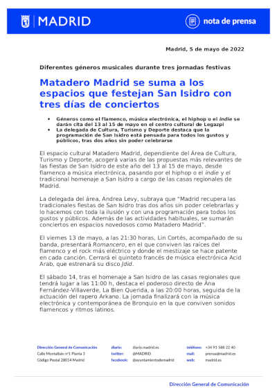 Matadero Madrid se suma a los espacios que festejan San Isidro con tres días de conciertos