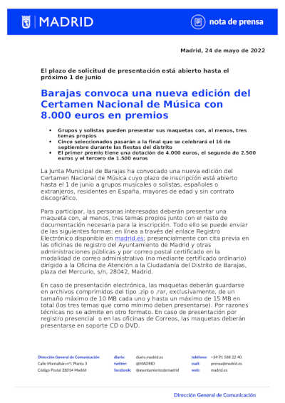 Barajas convoca una nueva edición del Certamen Nacional de Música con 8.000 euros en premios Barajas convoca una nueva edición del Certamen Nacional de Música con 8.000 euros en premios