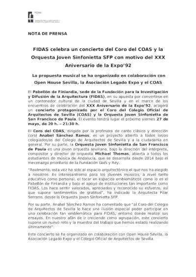 FIDAS celebra un concierto del Coro del COAS y la Orquesta Joven Sinfonietta SFP