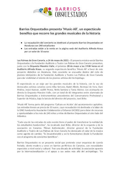 Barrios Orquestados presenta ‘Music-All’, un espectáculo benéfico que recorre los grandes musicales de la historia