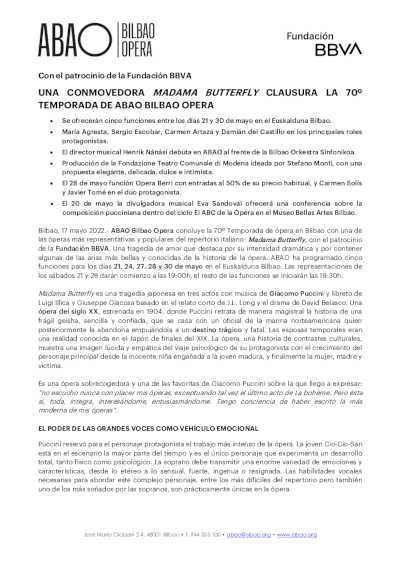 Una conmovedora Madama Butterfly clausura la 70º Temporada ABAO Bilbao Opera