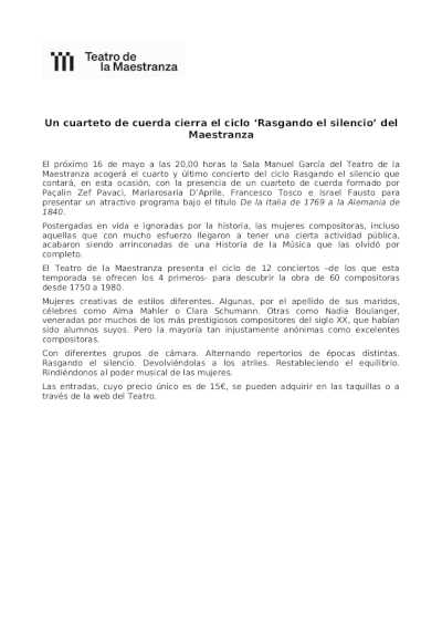 Un cuarteto de cuerda cierra el ciclo ‘Rasgando el silencio’ del Maestranza
