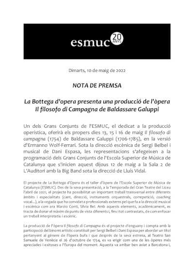 La Bottega de Opera presenta una producción de la ópera Il filosofo di Campagna de Baldassare Galuppi La Bottega de Opera presenta una producción de la ópera Il filosofo di Campagna de Baldassare Galuppi