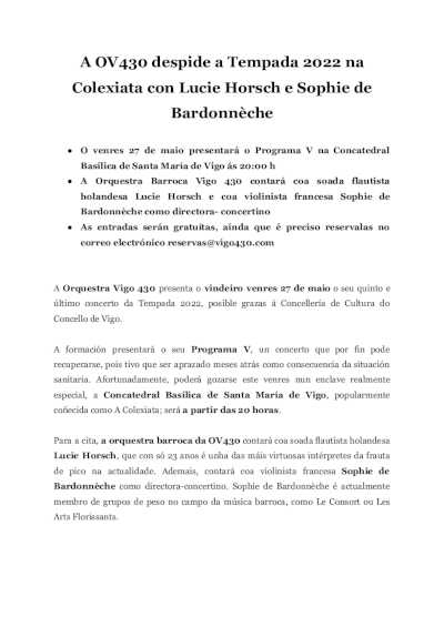 La OV430 despide la Temporada 2022 en la Colegiata con Lucie Horsch y Sophie de Bardonnèche La OV430 despide la Temporada 2022 en la Colegiata con Lucie Horsch y Sophie de Bardonnèche