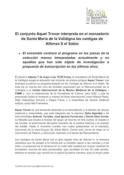 El conjunto Aquel Trovar interpreta las cantigas de Alfonso X el Sabio en el CIMM