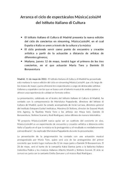 Arranca el ciclo de espectáculos Música|aɔisùM del Istituto Italiano di Cultura